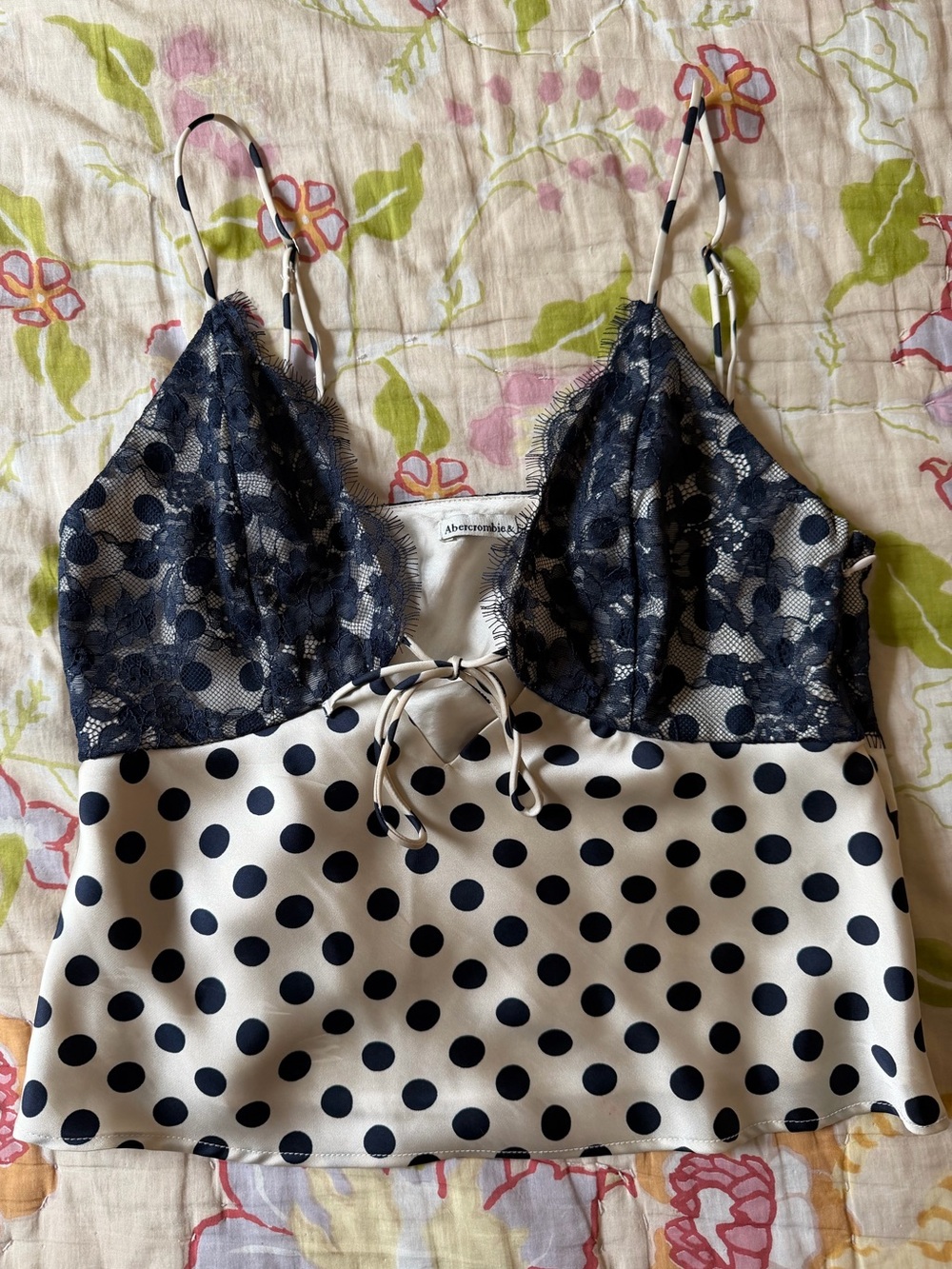 Abercrombie & Fitch Navy Lace & Ivory Polka Dot Camisole Top